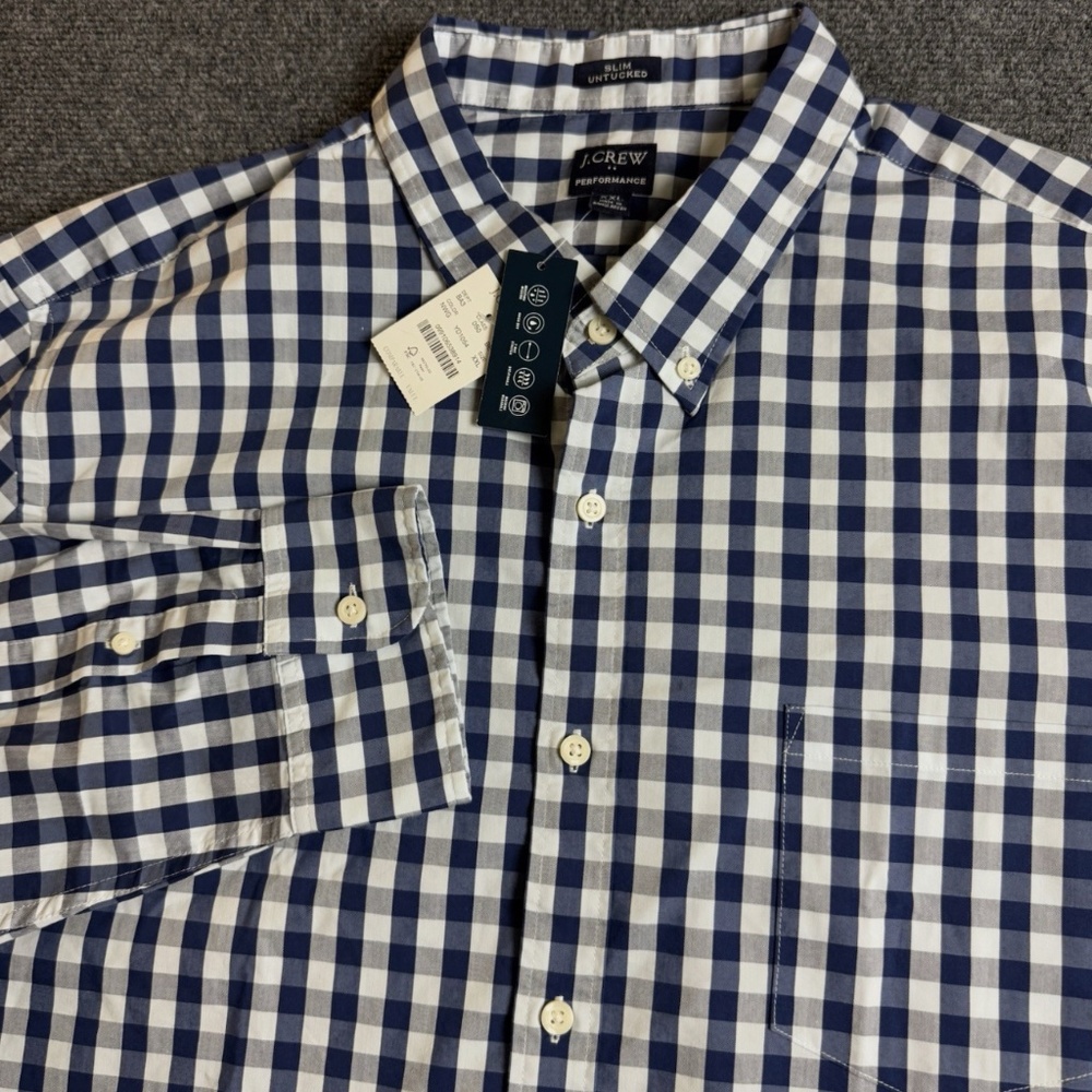 NWT J Crew Performance Shirt Men's XXL 2XL Blue Gingham Slim Untucked Preppy - Picture 2 of 8